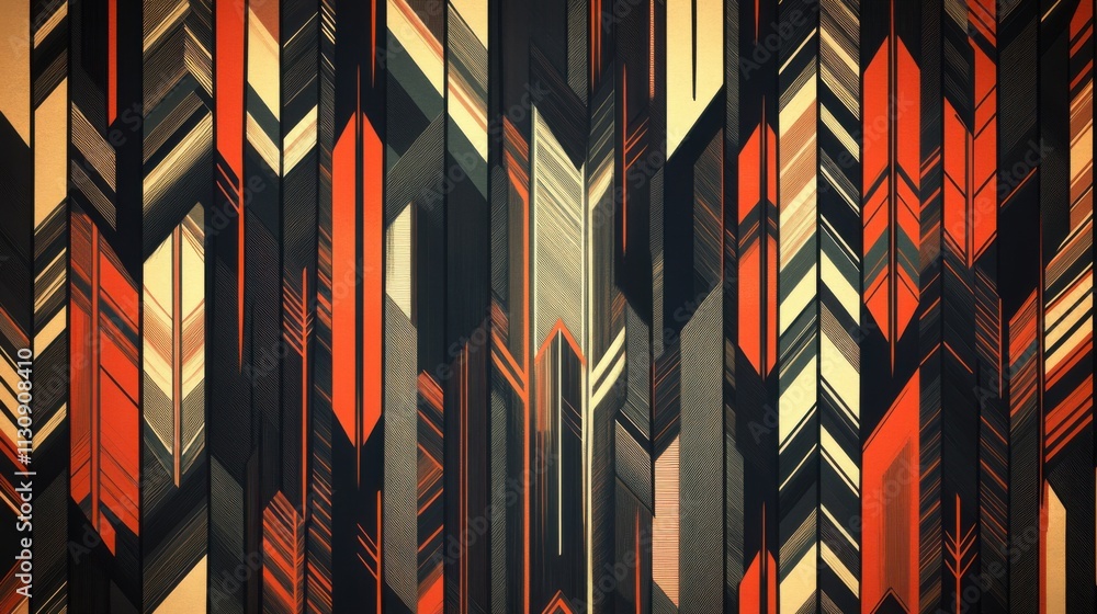 Poster an abstract pattern showcasing vibrant red and gold geometric shapes arranged in dynamic vertical li