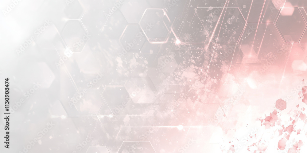 Poster light gray abstract background with glowing hexagonal patterns. soft pastel pink and white lights il