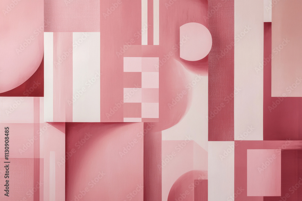 Poster an abstract arrangement of geometric patterns in pastel pink set against a muted pink background, cr
