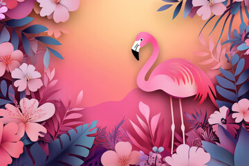 Naklejka premium Paper cut, flamingo on sunset pink background, graceful lines and vivid colors, tropical bird design.