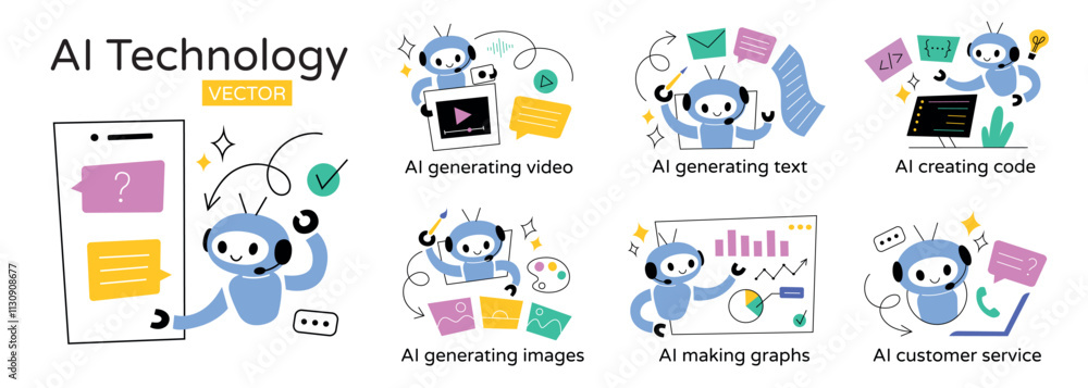 Fototapete set of vector illustrations of ai technology. cute robots performing tasks, generating video, creati