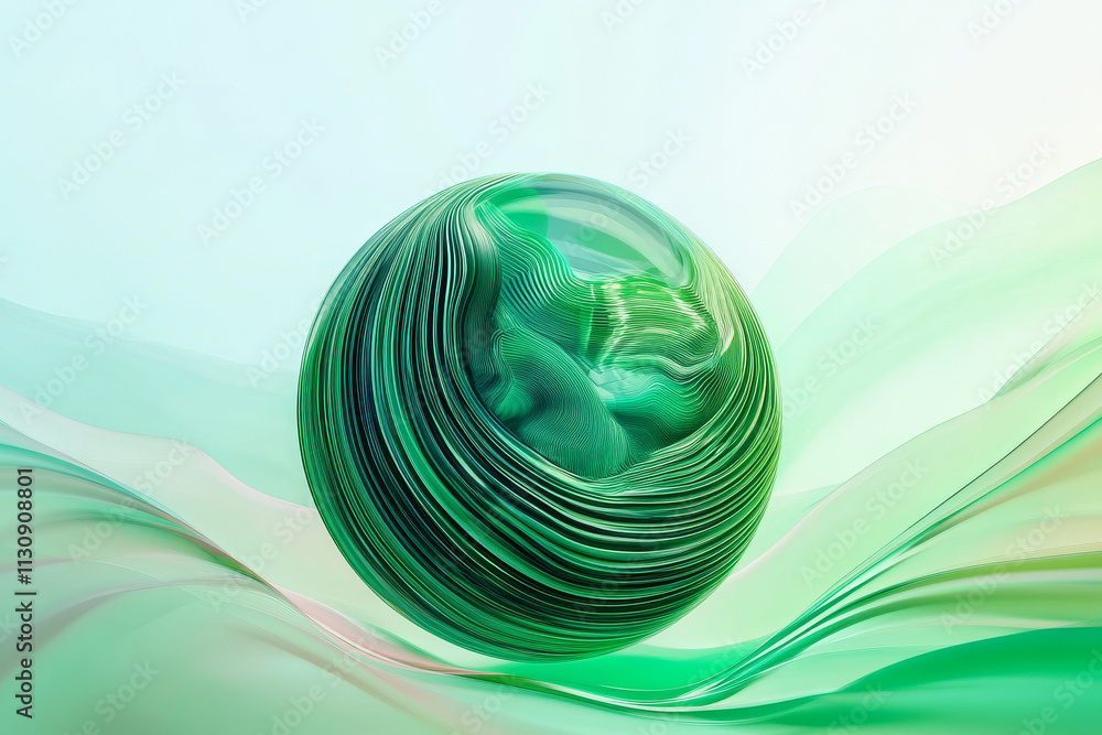Aufkleber an artistic abstract sphere with dynamic green waves, minimalistic design on a soft pastel backdrop.