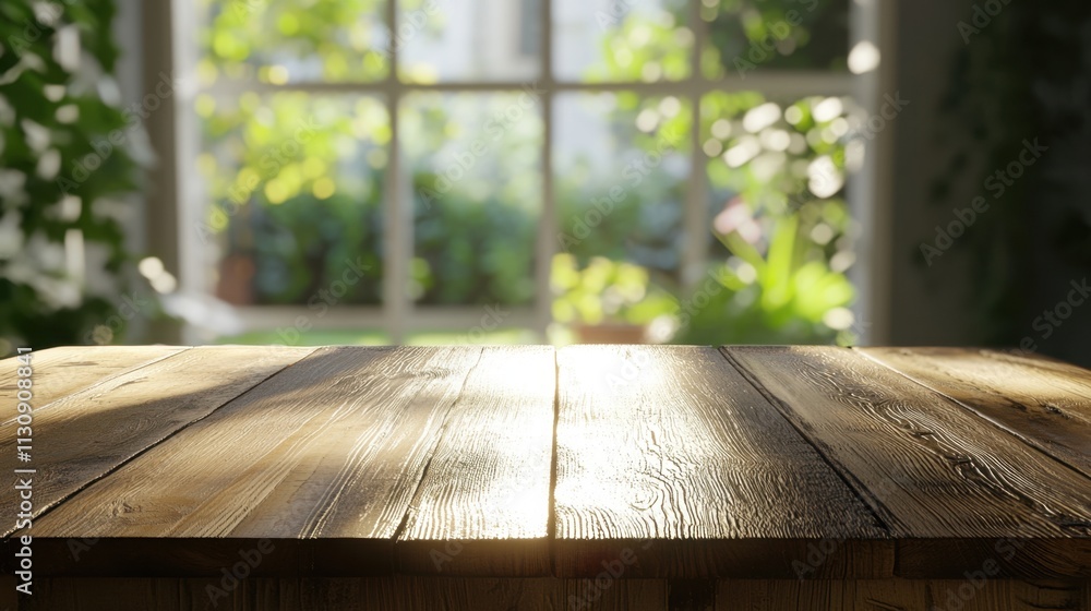 Aufkleber serene nature view from blurred window background on wooden table for product display or montage - m