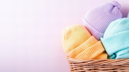 Colorful knitted hats in a woven basket against a soft pink background.