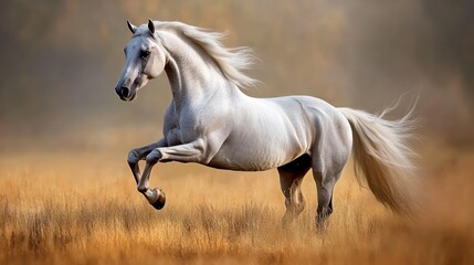 Fototapeta premium A Rare Horse Breed Galloping Freely in an Open Meadow, Highlighting Its Natural Strength 