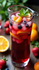 A refreshing glass pitcher filled with mixed berry iced tea garnished with fresh orange slices, mint leaves, and ice, on a rustic wooden table