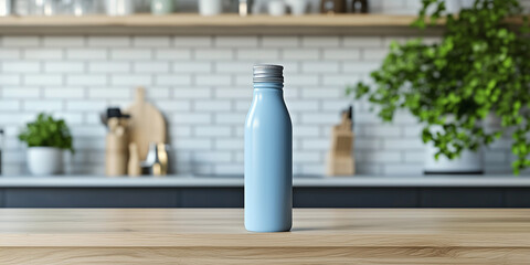 
mock up Aluminium Shiny sipper bottle for mockup and template design. minimalist kitchen table background.mock up template
