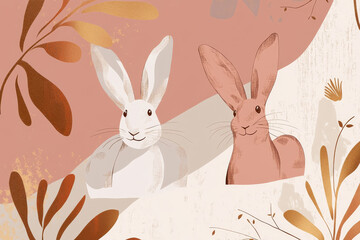 Obraz premium Abstract rabbit illustration, dusty rose background, artistic design featuring rabbits and golden accents.