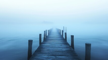 Obraz premium Serene Misty Dock Extending Into Calm Water at Dawn with Soft Light