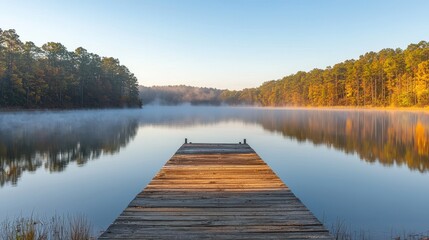 Tranquil Morning Lake Scene with Fog and Wooden Dock at Sunrise