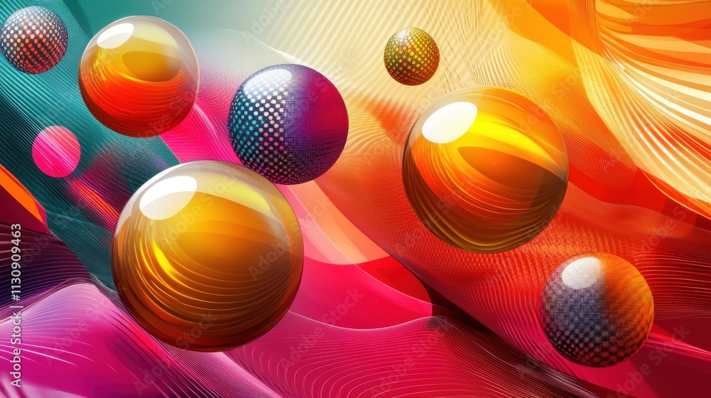 Poster colorful abstract composition featuring glossy spheres and flowing patterns, creating a vibrant and 