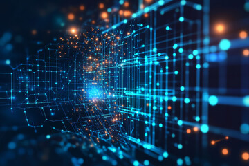 A high-tech digital background featuring hexagonal grids, pulsating blue lights, and a futuristic virtual network theme.