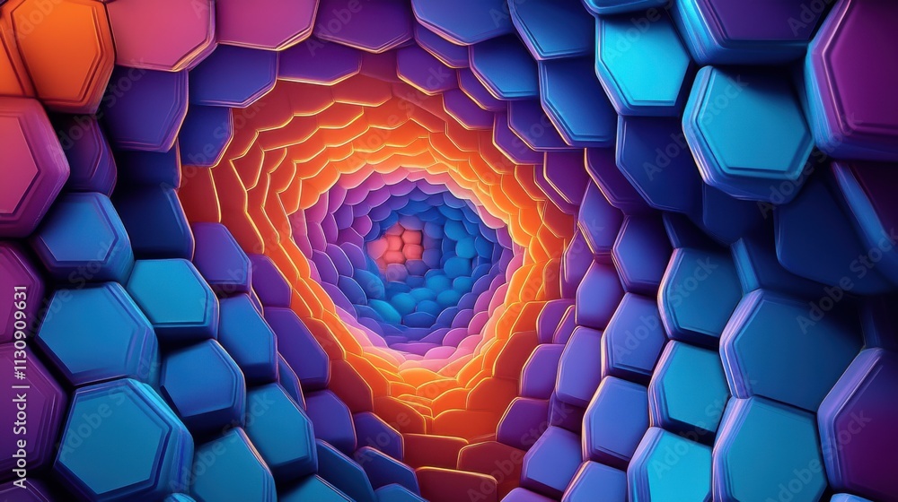 Poster Vibrant abstract tunnel made of hexagonal patterns, showcasing a gradient of colors from orange to blue.
