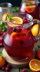 A refreshing glass pitcher filled with mixed berry iced tea garnished with fresh orange slices, mint leaves, and ice, on a rustic wooden table