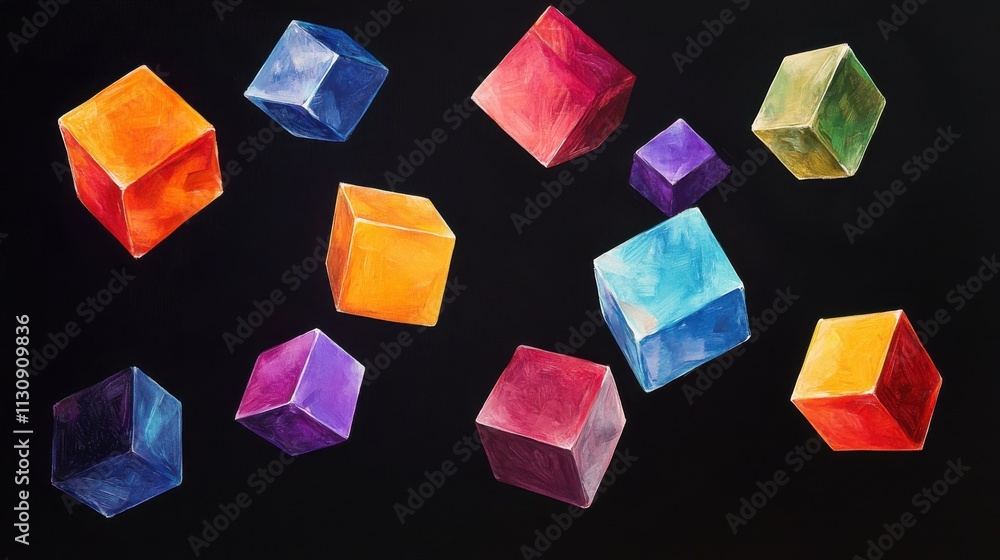 Poster vibrant multicolored cubes floating against a dark backdrop, creating a playful and artistic ambianc