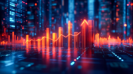 Vibrant digital graphs and glowing cityscape symbolize financial growth, data analytics, and future technology. Perfect for illustrating market trends and economic success.