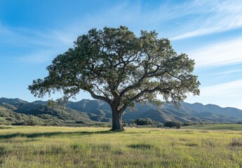 Majestic Oak Tree in Serene Meadow with Rolling Hills in Background