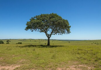 Majestic Isolated Tree Against Clear Blue Sky on Green Meadow