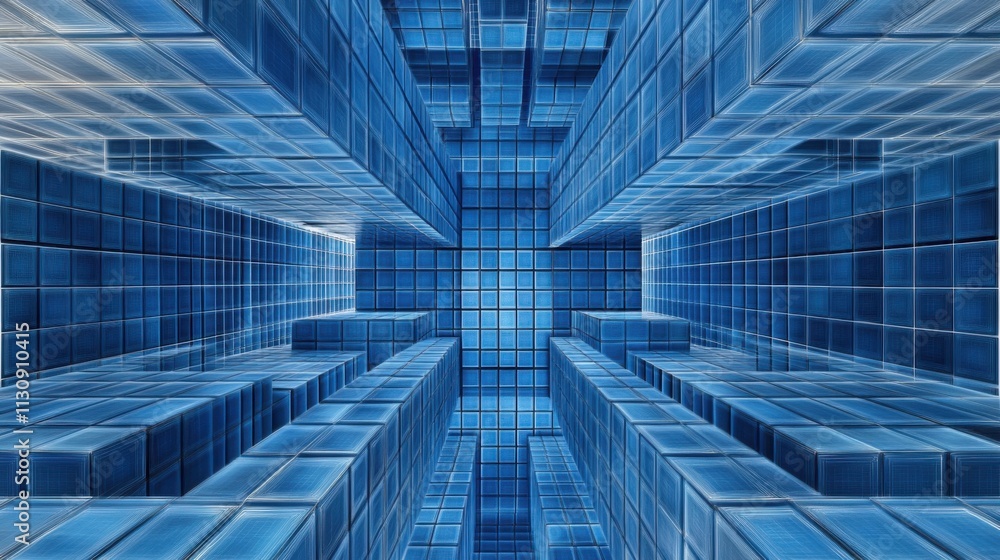 Poster a stunning abstract image of a blue 3d grid structure, creating a feeling of depth and modernity.
