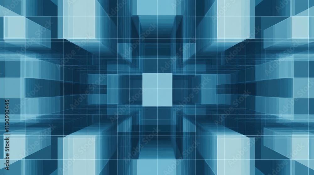 Poster abstract blue geometric design featuring a maze of cubes and grids, creating a futuristic atmosphere