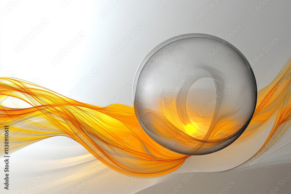 Poster a sleek abstract sphere with radiant yellow waves, creating a modern minimalistic vibe over a grey c