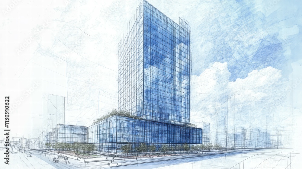 Poster transitioning blueprint to highrise daytime urban architectural visualization