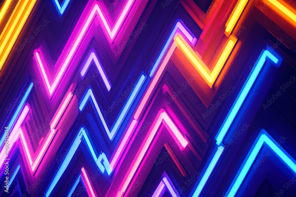 Poster a bold abstract background filled with zigzag patterns in vivid neon hues, creating a sense of motio