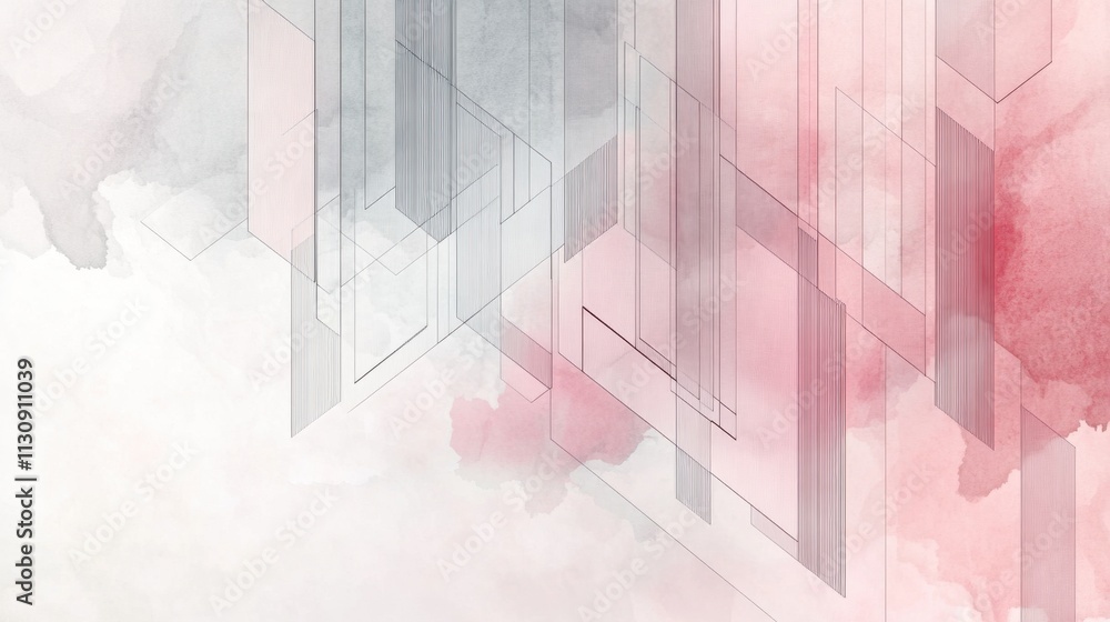 Poster abstract watercolor background with overlapping geometric shapes in soft red and gray hues, creating