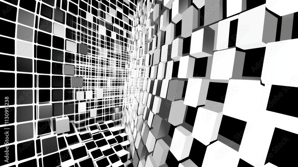 Poster abstract black and white 3d cubes creating a dynamic perspective effect.