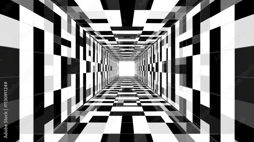 Poster a mesmerizing tunnel-like corridor with black and white patterns, creating an infinite illusion of d