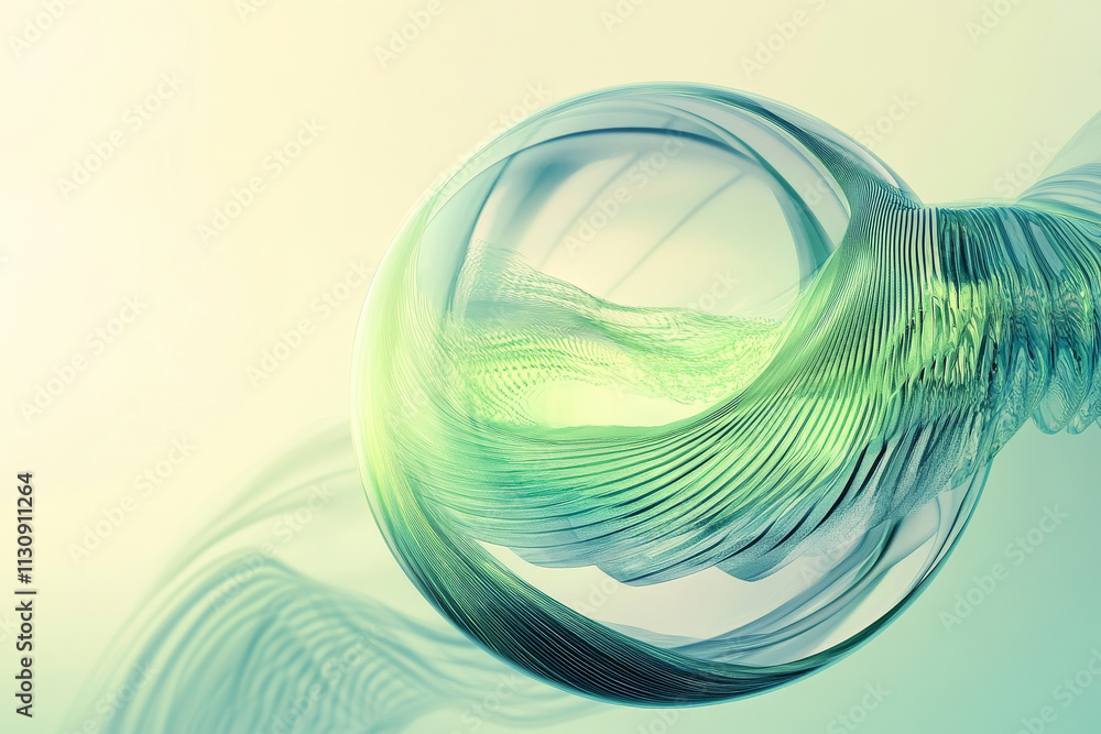 Poster an artistic abstract sphere with dynamic green waves, minimalistic design on a soft pastel backdrop.
