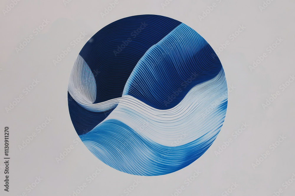 Poster a dynamic abstract sphere with cobalt blue waves, minimalistic and sharp against a pastel grey backg