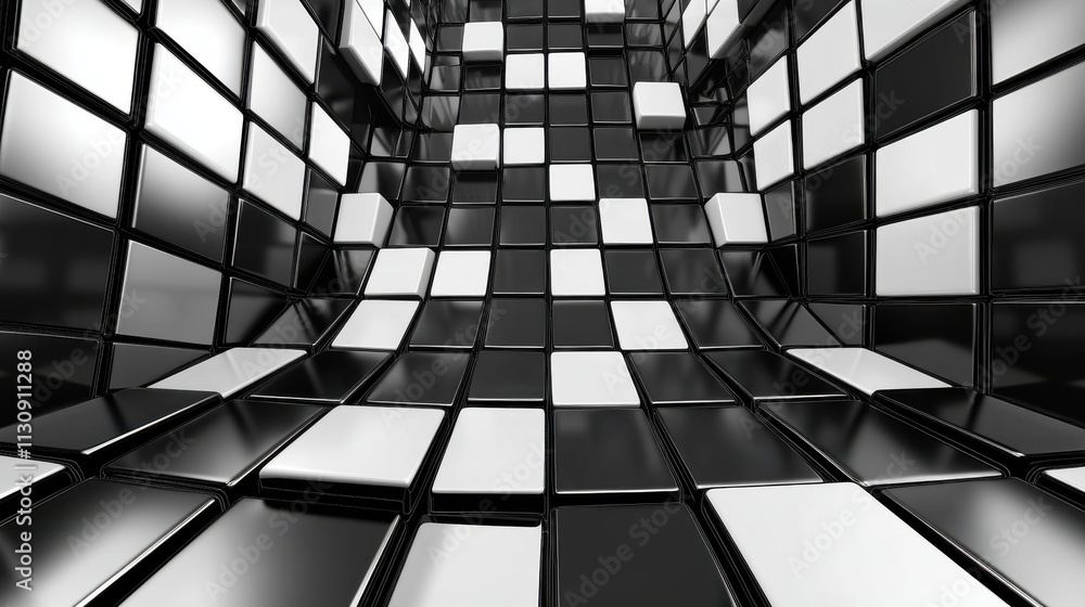 Poster a dynamic array of black and white tiles creating a wave-like effect, conveying a sense of depth and