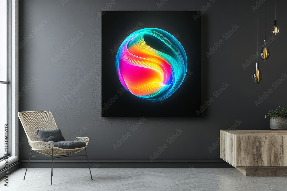 Poster a colorful abstract sphere with neon blue waves, minimalistic and dynamic against a dark grey canvas