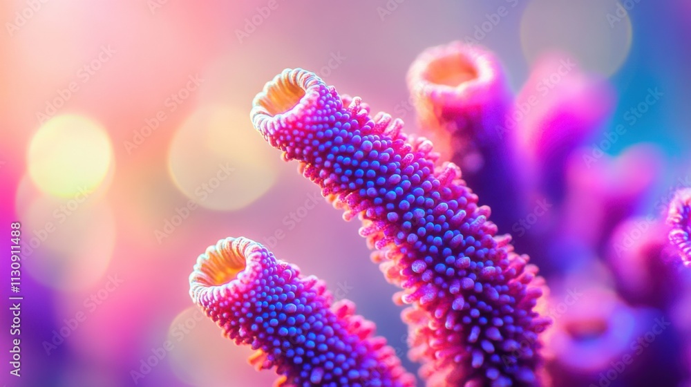 Poster vibrant underwater coral structures in colorful marine environment, showcasing intricate patterns an