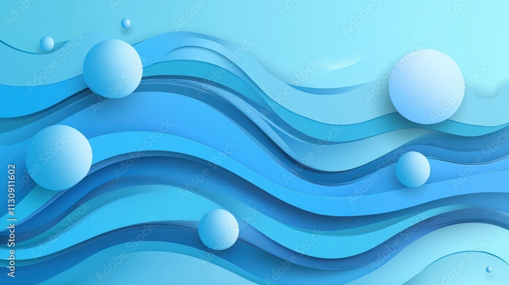 Poster abstract blue waves and spheres create a serene and dynamic visual flow, evoking a sense of calm and