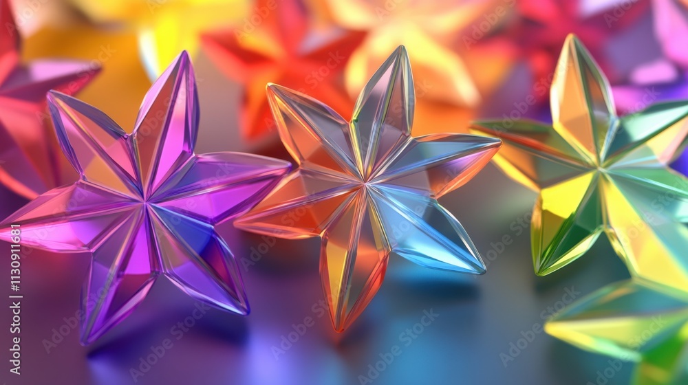 Poster colorful translucent star shapes in vibrant hues creating an enchanting display.