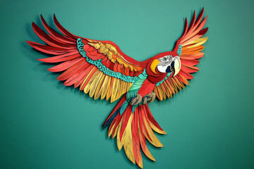 Obraz premium Paper cut, macaw on emerald green background, intricate wing patterns and vibrant colors, exotic bird art.
