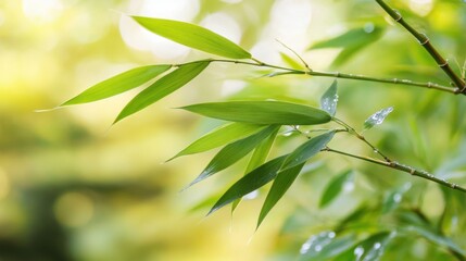 Close-Up View of Green Bamboo Leaves with Dew Drops Illuminated by Soft Natural Light in a Serene Outdoor Setting
