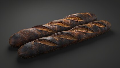 Two freshly baked baguettes with a crispy crust and soft interior, isolated on a gray background.