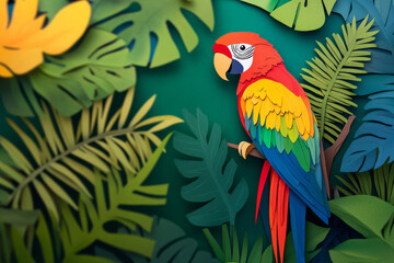 Paper cut, parrot on jungle green background, vibrant colors and intricate feather details, exotic bird illustration.