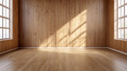 Naklejka premium Sunlit Empty Room With Wooden Walls And Floor