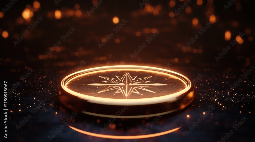 Poster glowing 3d render of compass element on neutral background with sparkling effects and soft lighting
