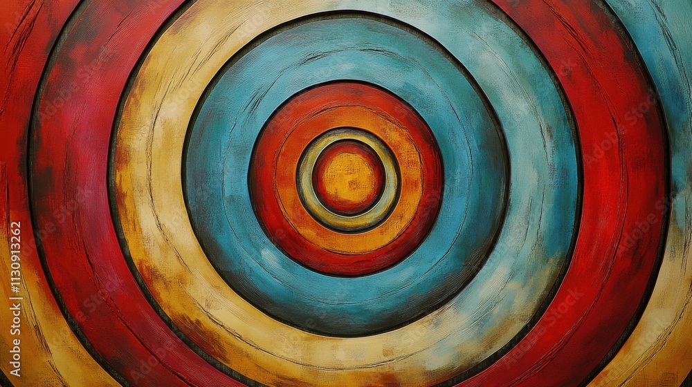 Aufkleber an abstract artwork featuring concentric circles in warm tones of red, orange, and cool blue, creati