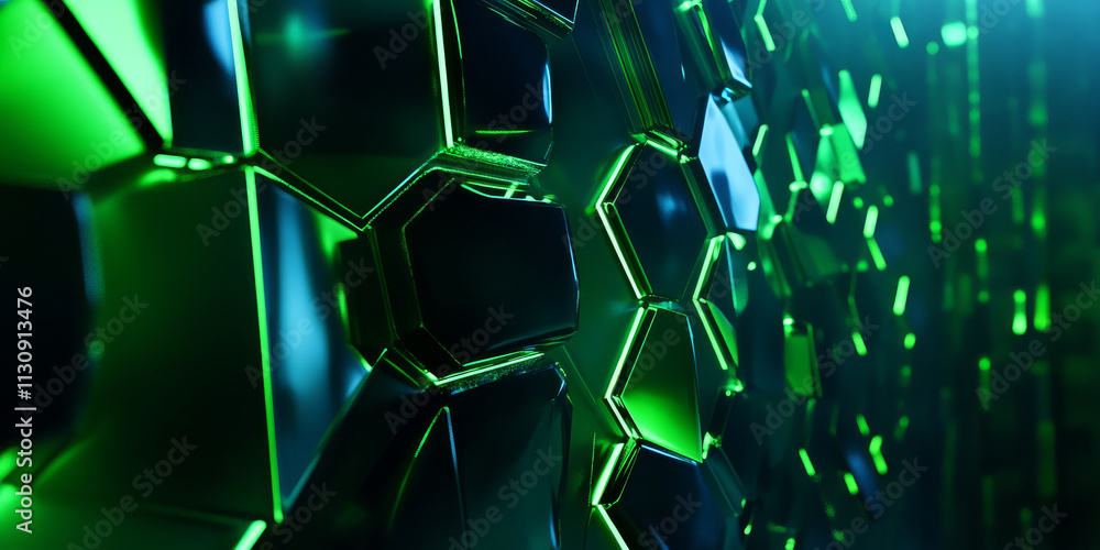 Poster futuristic abstract background with glowing hexagonal patterns. the tiles emit soft, radiant lights 