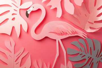 Naklejka premium Paper cut, flamingo on pastel coral background, soft layers and tropical curves, exotic bird theme.