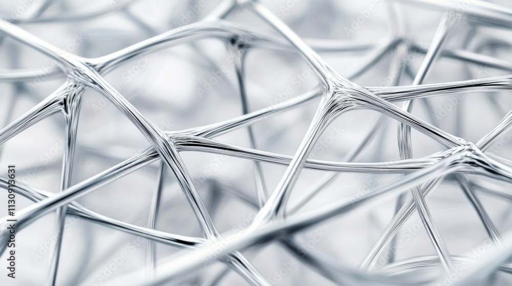 Poster close-up of an intricate web of fine metallic wires, showcasing a modern and abstract design in shad