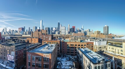 Naklejka premium A skyline of high-rise buildings in downtown Chicago, with the Willis Tower in the background and a clear blue sky.