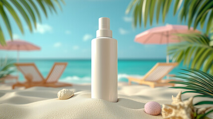 white empty bottle cosmetic container for cream. Cosmetic bottle mockup with the bottle cap slightly buried in the sand with umbrella ornaments and mini beach chairs with a tropical beach background. 