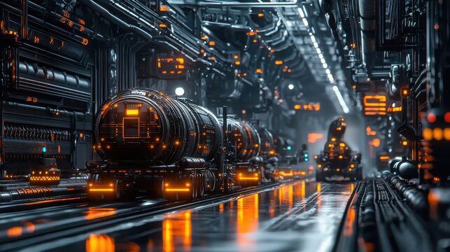 Massive robotic arms transporting oil in a high-tech hub industrial complex futuristic setting dynamic perspective innovation in automation